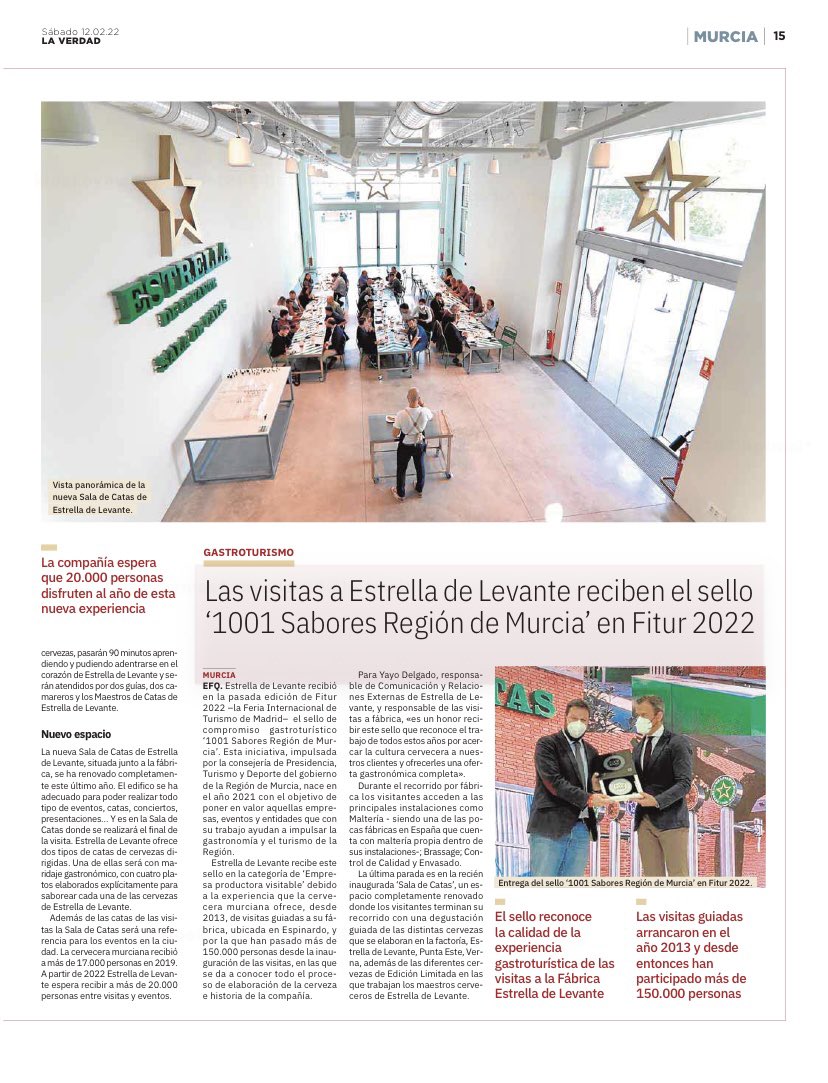 ⭐️ La nueva visita <a href="/estrellalevante/">Estrella de Levante</a> este sábado en <a href="/laverdad_es/">laverdad_es</a> / Abiertas reservas marzo y abril, de jueves a domingos. Visita con cata y Visita con maridaje (6€ y 15€) estrelladelevante.es/es/visita-la-f…

⭐️ Más de 5.000 personas ya conocen las nuevas visitas y catas de <a href="/estrellalevante/">Estrella de Levante</a>