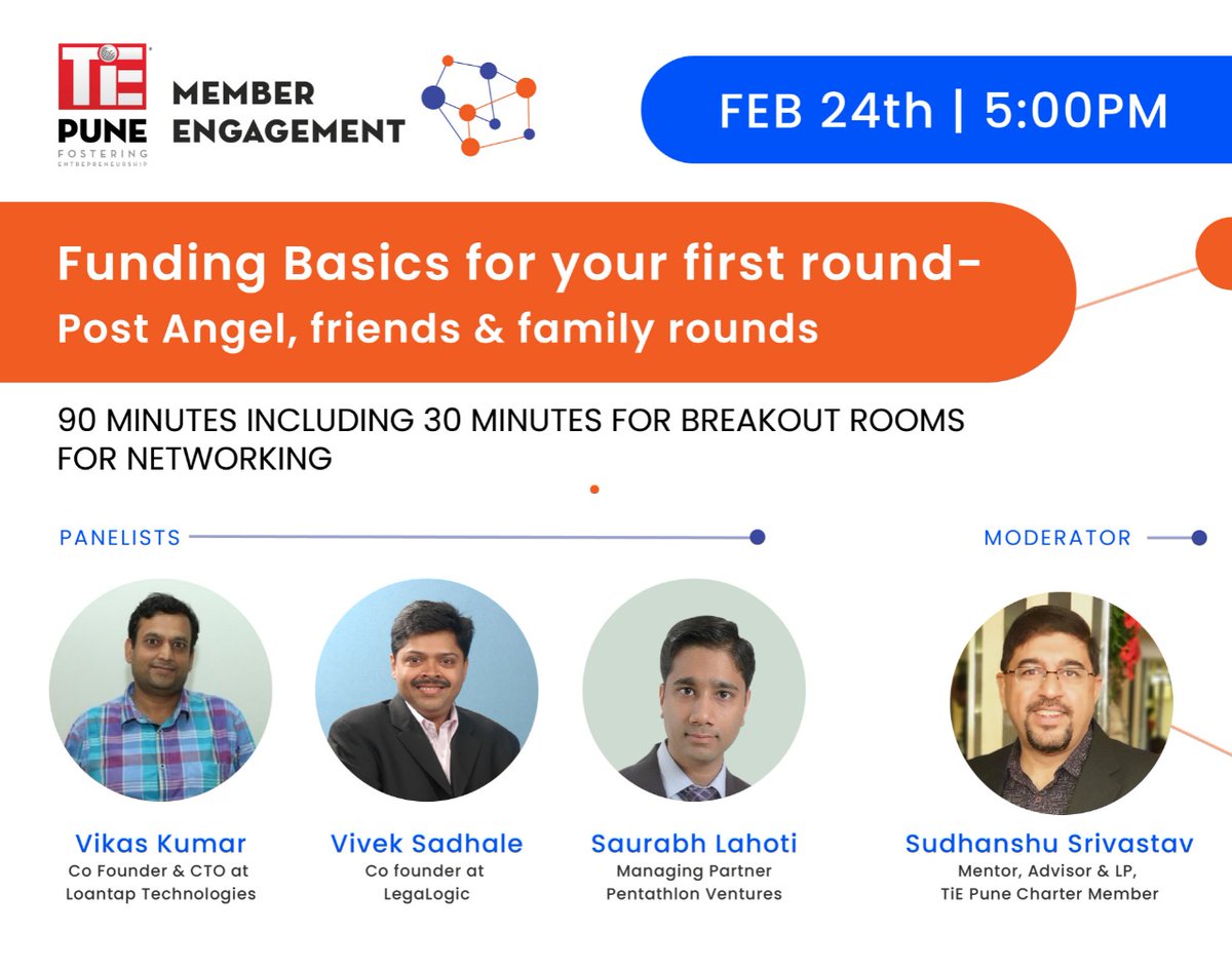 TiEPune's tweet photo. TiE Pune invites you for a discussion with finance, investment, and legal gurus to tell us what it takes to get the first round of funds for your start-up.
Register now: https://t.co/Sy3am5XvlC
#startupfounders #leadershiplessons #TiEPune #startupmasterclass #tiepunemystory https://t.co/k4gxBFNxLt