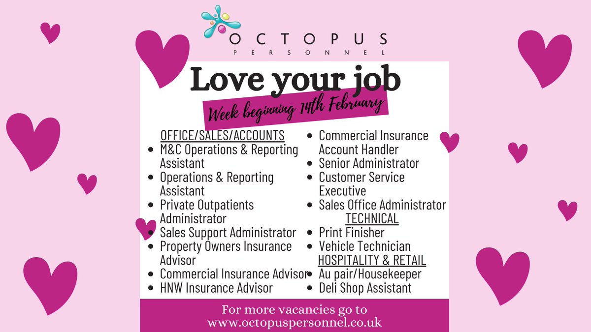OctopusPersonne's tweet image. Fall in love with work again. 💓

Here are our perm jobs, based in #SouthWest.
Visit ow.ly/lKx050DudQF  and find your next role today!

#GoOctopus #findajob #Dorset #Somerset #Wiltshire #gillinghamdorset