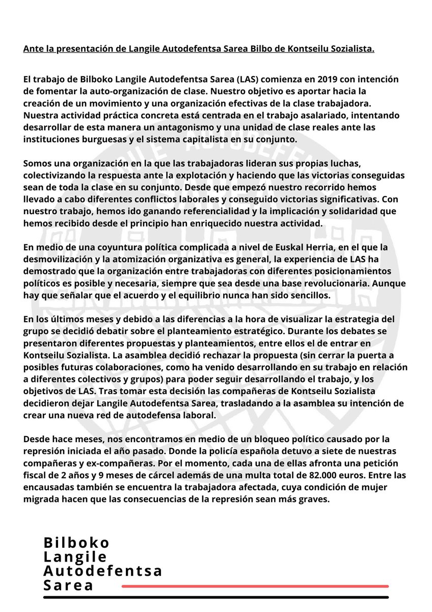 BilbokoS's tweet photo. 📍[Comunicado]

Ante la presentación de Langile Autodefentsa Sarea Bilbo de Kontseilu Sozialista: https://t.co/EfQZn90XIr