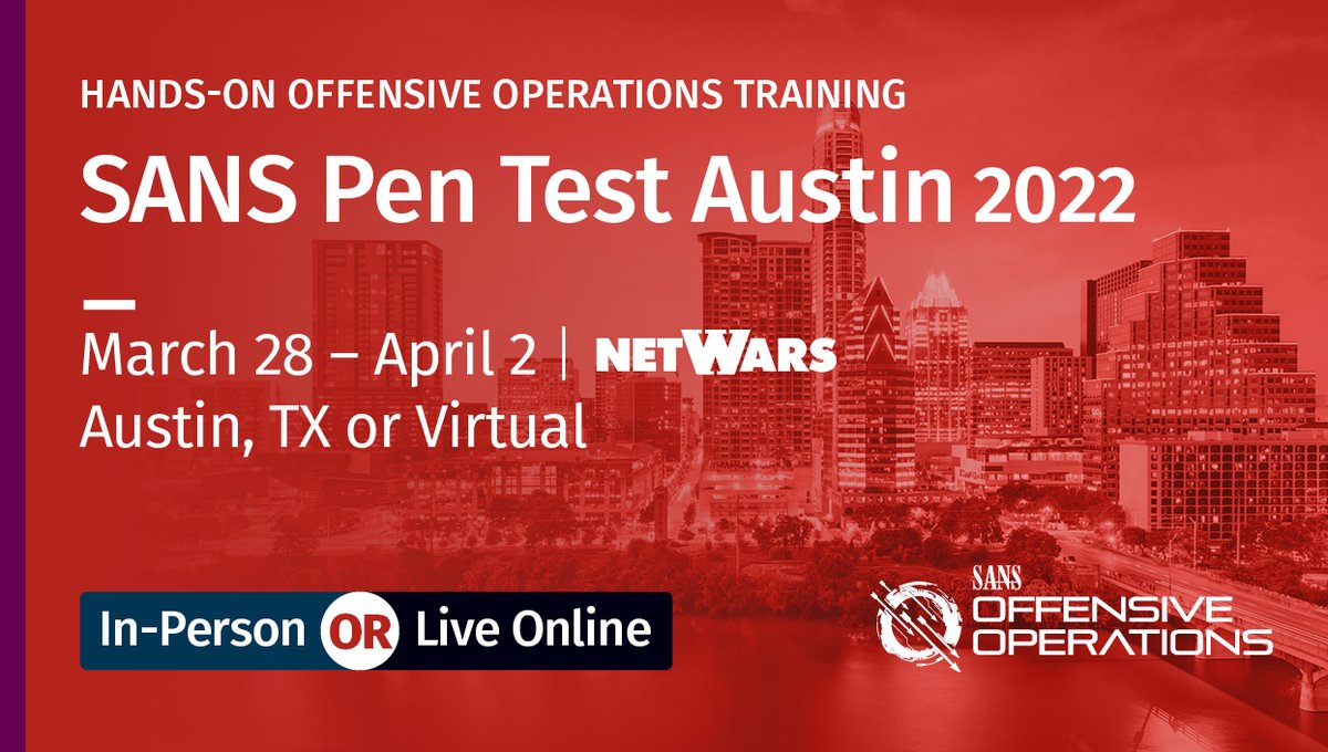 SANSOffensive's tweet photo. Don't miss these incredibly offensive instructors lined up for #SANSPenTestAustin!
#SEC699 Adv #AdversaryEmulation w/@jorgeorchilles
#SEC660 Adv #PenTest w/@Steph3nSims
#SEC642 Adv #WebApp Pen Test w/@adriendb
#SEC560 Network #PenTesting w/ @chriselgee
https://t.co/OCYmnfThWg https://t.co/RyIJRxxwo5