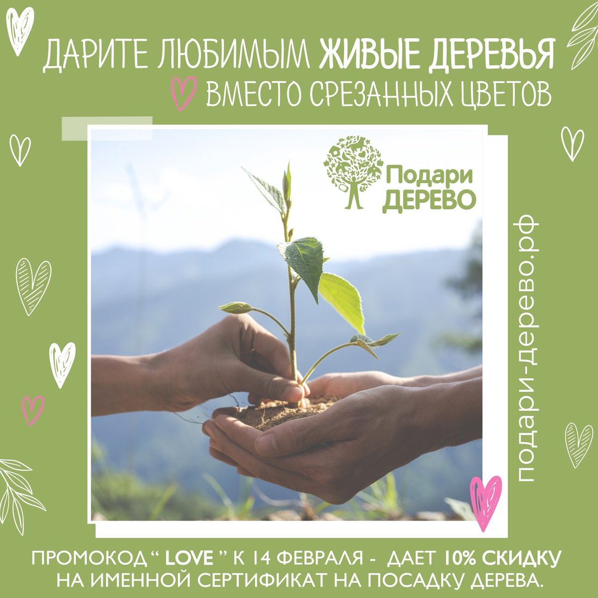 Дарите любимым ЖИВЫЕ ДЕРЕВЬЯ вместо срезанных цветов.
Экопроект Подари-Дерево предоставляет промокод love со скидкой 10% на посадку дерева с именным сертификатом.

🌳Выбирать и подарить дерево: bit.ly/3BjTuvb