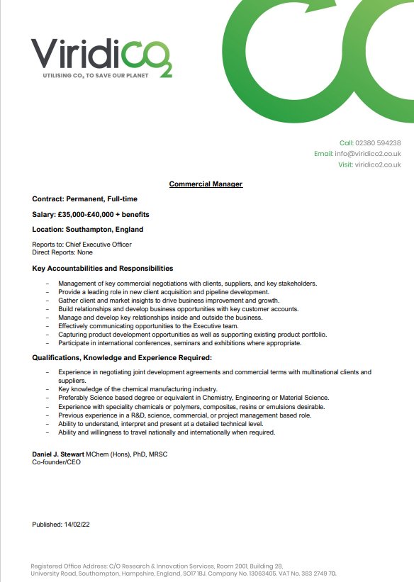 Looking for a challenging new role that also helps  #MakeNetZeroHappen?  We're seeking a Commercial Manager to join our growing team. For more info see linkedin.com/jobs/view/2920… or for enquiries email info@viridico2.co.uk  #Innovation #CCU #StartUp