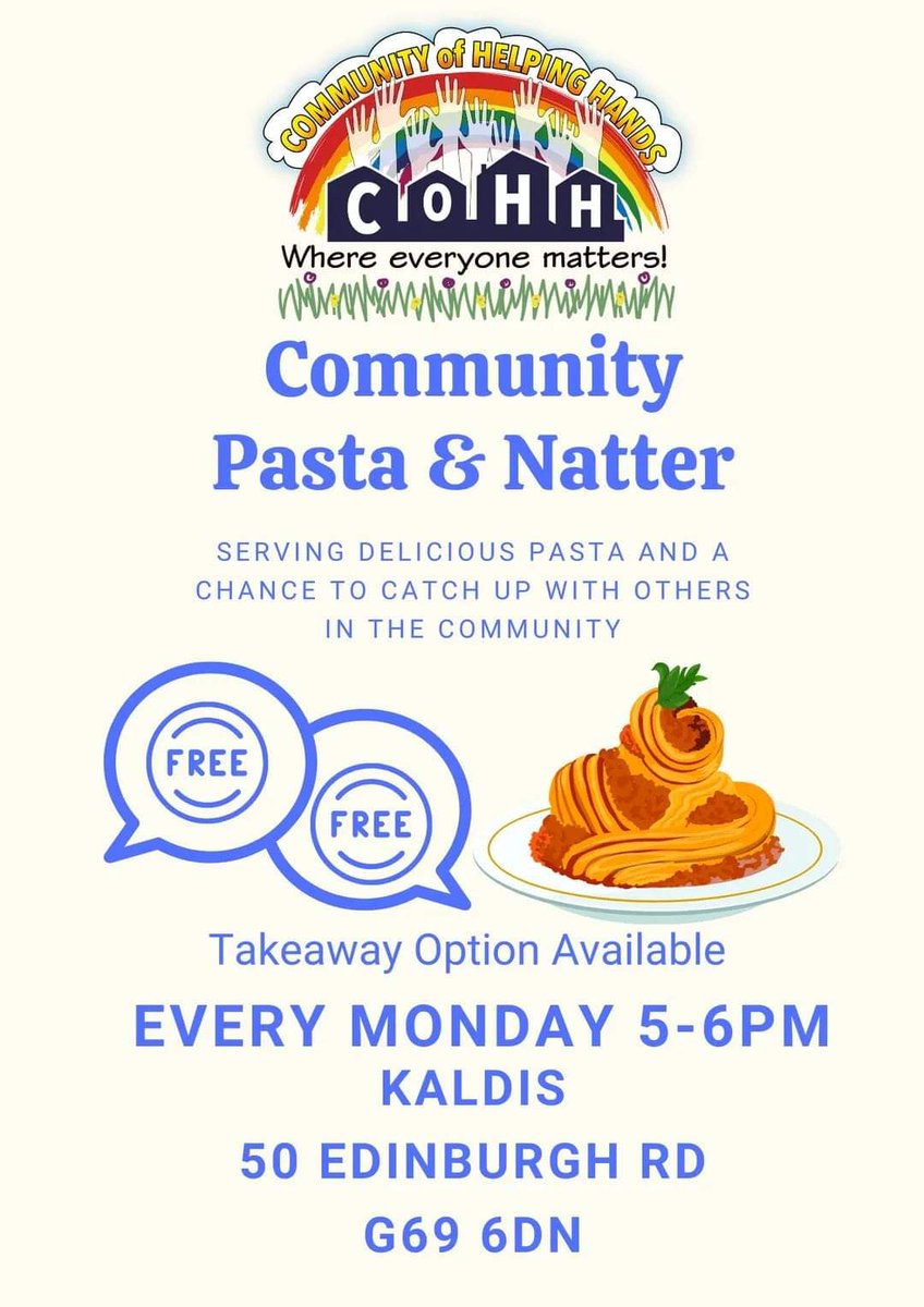 CommunityofHel2's tweet image. Pasta nights are back!, this time Pasta &amp;amp; Natter at Kaldis Function Suite on Monday's 5-6pm.

This is open to everyone in the community, pop along grab a plate of pasta and have a natter. Not able to stay, pop along and takeaway.

We look forward seeing you all on Monday.