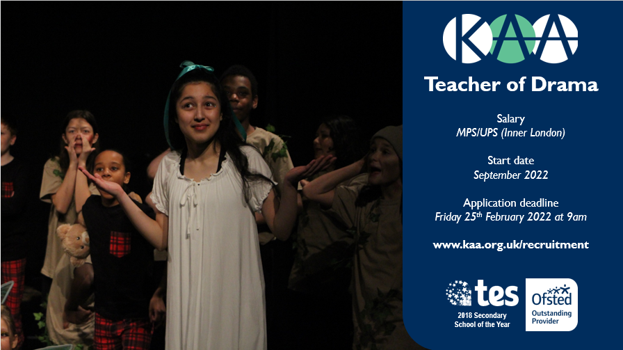 We're looking for a #Drama #teacher to join our outstanding academy in West London. 

You'd be joining a specialist Performing &amp; Creative Arts school &amp; the 2018 <a href="/tes/">Tes magazine</a> Secondary School of the Year.

To find out more visit kaa.org.uk/recruitment for a full candidate pack.