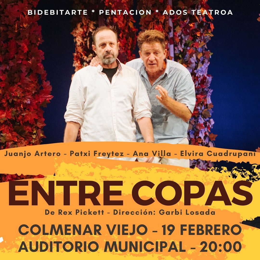 adosteatroa's tweet photo. ¿Tienes plan para este sábado? Te proponemos conocer a Miguel y Andrés en #EntreCopas , 2 amigos en busca de ese algo -que no es el vino- que les haga sentirse vivos. Todo puede pasar...
📅 19/02/22 20H
🏤 Auditorio Municipal. Colmenar Viejo.
@_PENTACION_ #BidebitarteKoop https://t.co/WWzCNLWkVR