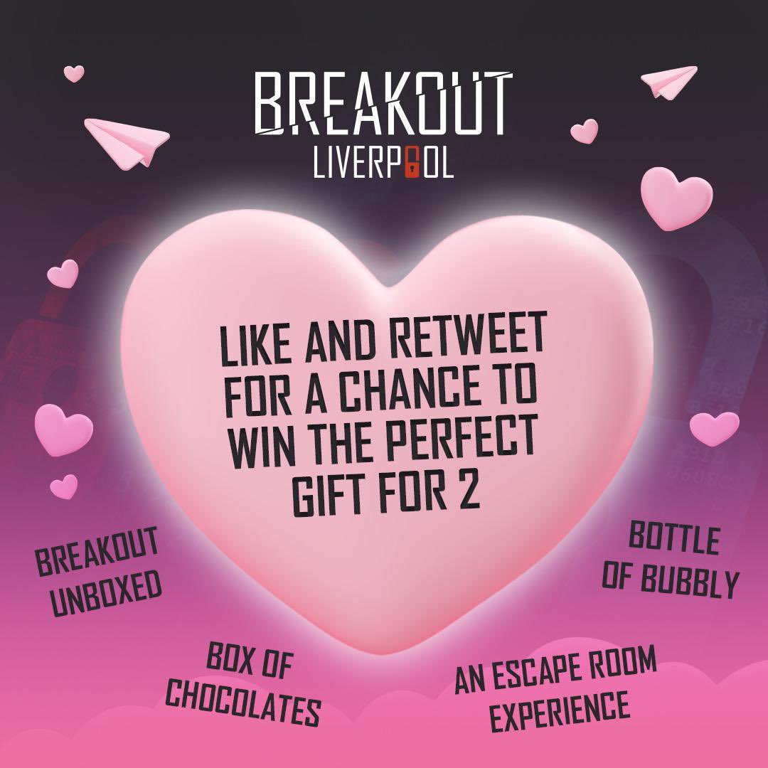 💕VALENTINES GIVEAWAY💕

Like &amp; Retweet for a chance to win the perfect gift for 2!

Prizes:
-Escape room experience 🏷
-Bottle of bubbly 🍾
-A box of chocolates 🍫
-Breakout unboxed 📦 

📌One winner from either Facebook, Instagram or Twitter announced 3pm Wed 16th

Good luck!!