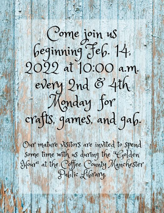 Don't forget that today is the first meeting for the "Golden Hour" group! Come in and socialize!