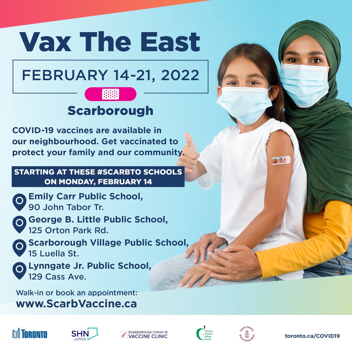 Happy Valentine’s Day, #ScarbTO! Kicking off #VaxTheEast at these schools, TODAY from 4-7PM:

📍Emily Carr PS
📍George B. Little PS
📍Scarborough Village PS
📍Lynngate Jr. PS

Walk-in or book an appointment: ScarbVaccine.ca

#VaxTO #Ward24 #ScarbTO #TOpoli @cllrainslie