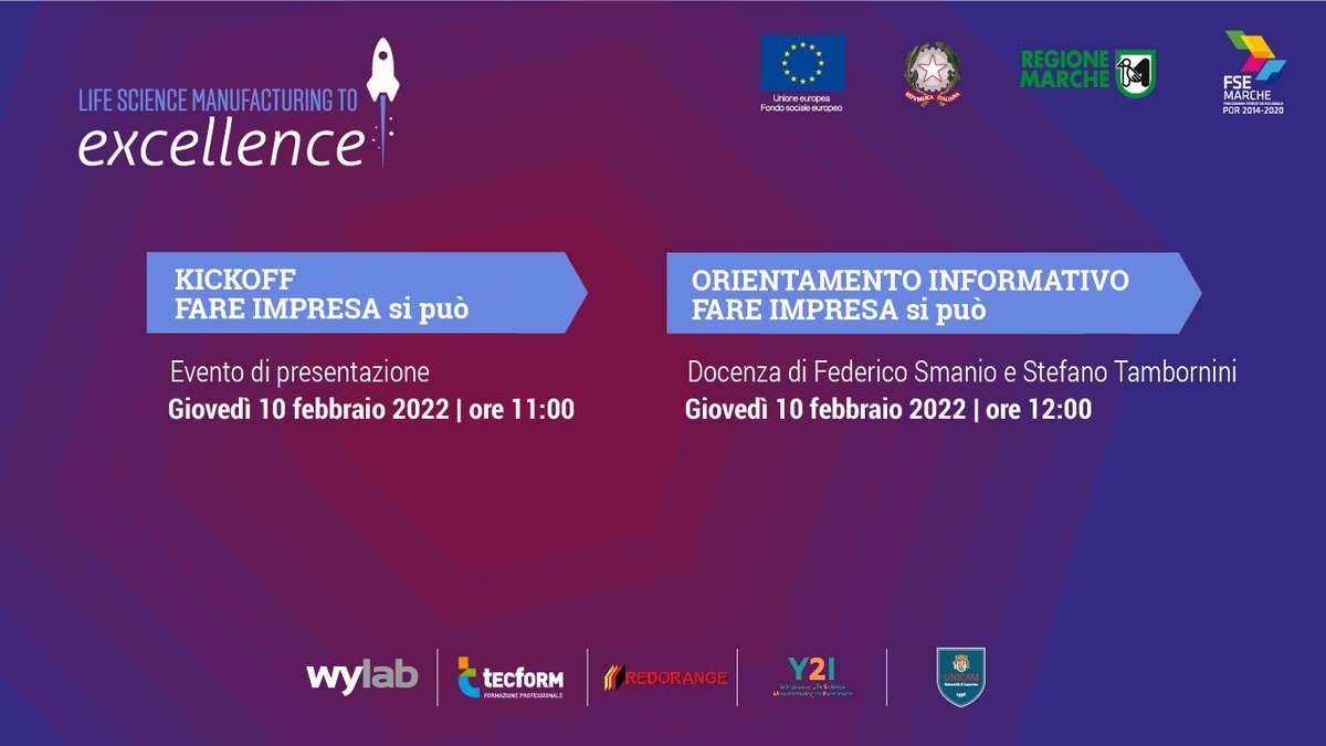 Kickoff di 𝙁𝙖𝙧𝙚 𝙞𝙢𝙥𝙧𝙚𝙨𝙖 𝙨𝙞 𝙥𝙪𝙤̀.
Presentato il “Life Science Manufacturing to Excellence”: opportunità concreta per i giovani delle Marche che vogliono imparare a costituire un’impresa.

wylab.net/fare-impresa-s…