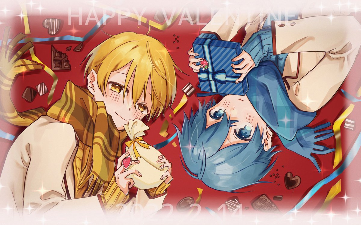 multiple boys 2boys scarf blue hair blonde hair yellow eyes male focus  illustration images