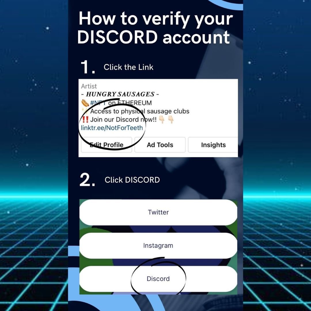 HungrySausages's tweet photo. Join our discord and follow our instagram for the latest update, whitelist and giveaways. 

👉Important notice👈
You have to verify✅ your discord account to get access to our community!! 

Here is a tutorial.

#NFTs #NFTLAUNCH #HUNHRYSAUSAGES #NotForTeeth #ETHEREUM #EthereumNFTs https://t.co/j4ma7nYOzQ
