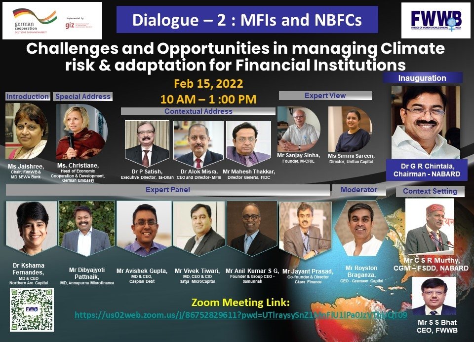 FidcIndia's tweet photo. Dialogue - 2 : MFIs and NBFCs
giz in association with FWWB is organising a webinar on "Challenges and Opportunities in managing Climate risk & adaptation for Financial Institutions" on Feb 15, 2022 from 10 AM onwards.
#FIDC #NBFC #MSME #FWWB #Finance #Webinar https://t.co/qJJoGE5Y4p