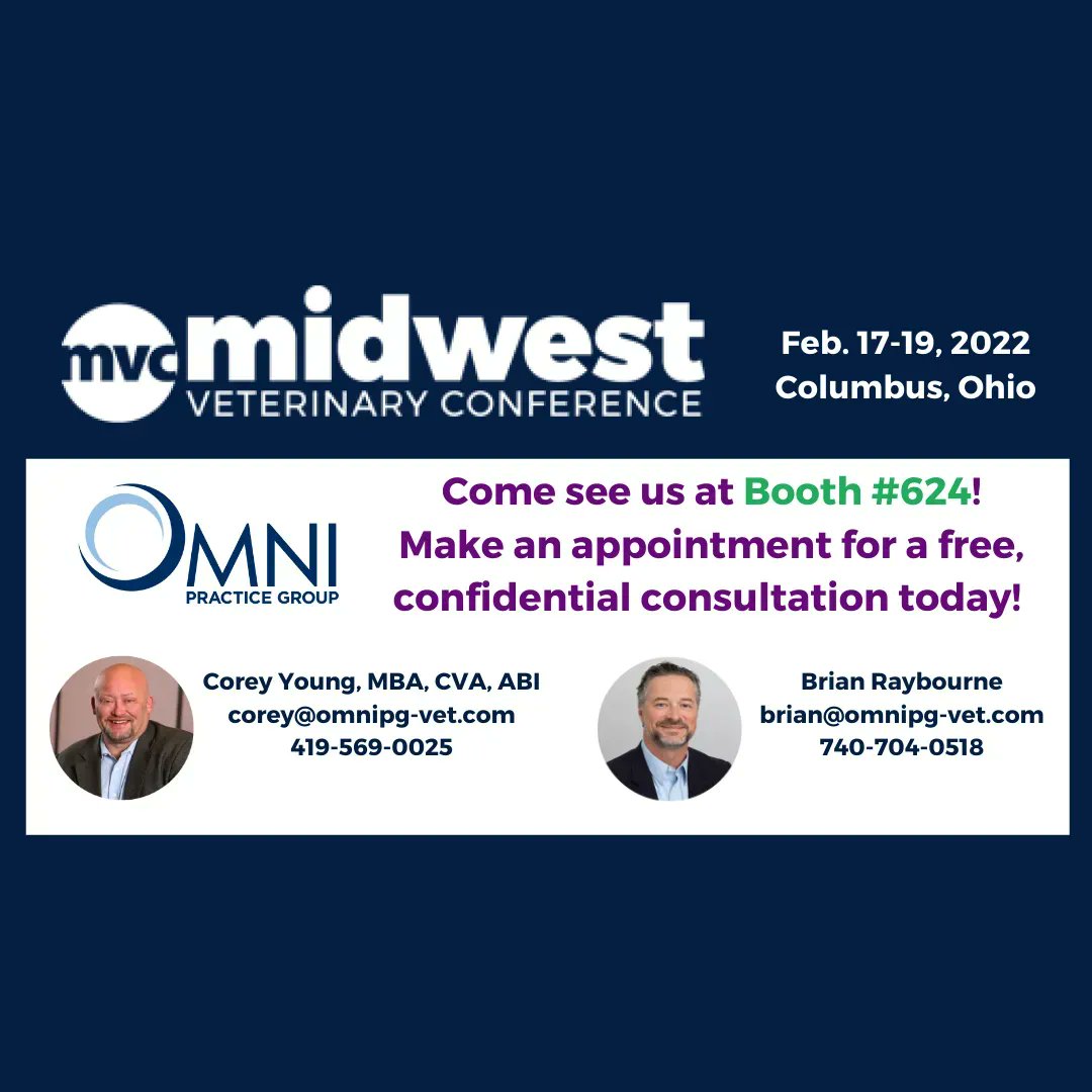 OmniPractice's tweet image. If you are attending the Midwest Veterinary Conference this week, stop by our booth #624.  Corey and Brian can talk with you about how to plan for a future transition and the steps you should start taking now to prepare yourself.  

#midwestveterinaryconference #vetbroker