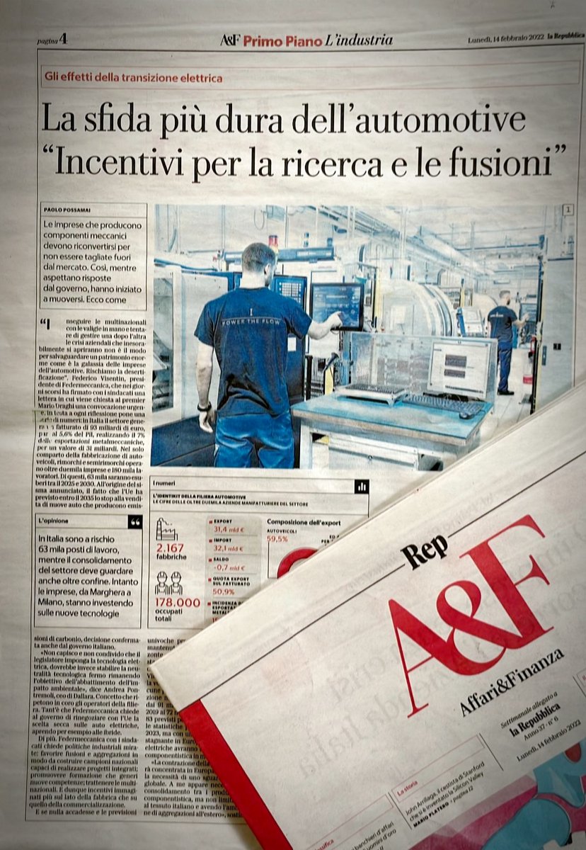 FEDERMECCANICA (@federmeccanica) on Twitter photo La #transizioneelettrica a tappe forzate espone l'#automotive a uno dei periodi più duri della sua storia. Indispensabile e urgente una politica industriale mirata: #incentivi #formazione #ricerca
Analisi di <a href="/fedvisentin/">Federico Visentin</a> <a href="/Diego_Andreis/">Diego Andreis</a> <a href="/steserra/">Stefano Serra</a> <a href="/pontremoli_a/">Andrea Pontremoli</a> su <a href="/RepubblicaAF/">Repubblica Affari&Finanza</a> La #transizioneelettrica a tappe forzate espone l'#automotive a uno dei periodi più duri della sua storia. Indispensabile e urgente una politica industriale mirata: #incentivi #formazione #ricerca
Analisi di <a href="/fedvisentin/">Federico Visentin</a> <a href="/Diego_Andreis/">Diego Andreis</a> <a href="/steserra/">Stefano Serra</a> <a href="/pontremoli_a/">Andrea Pontremoli</a> su <a href="/RepubblicaAF/">Repubblica Affari&Finanza</a>