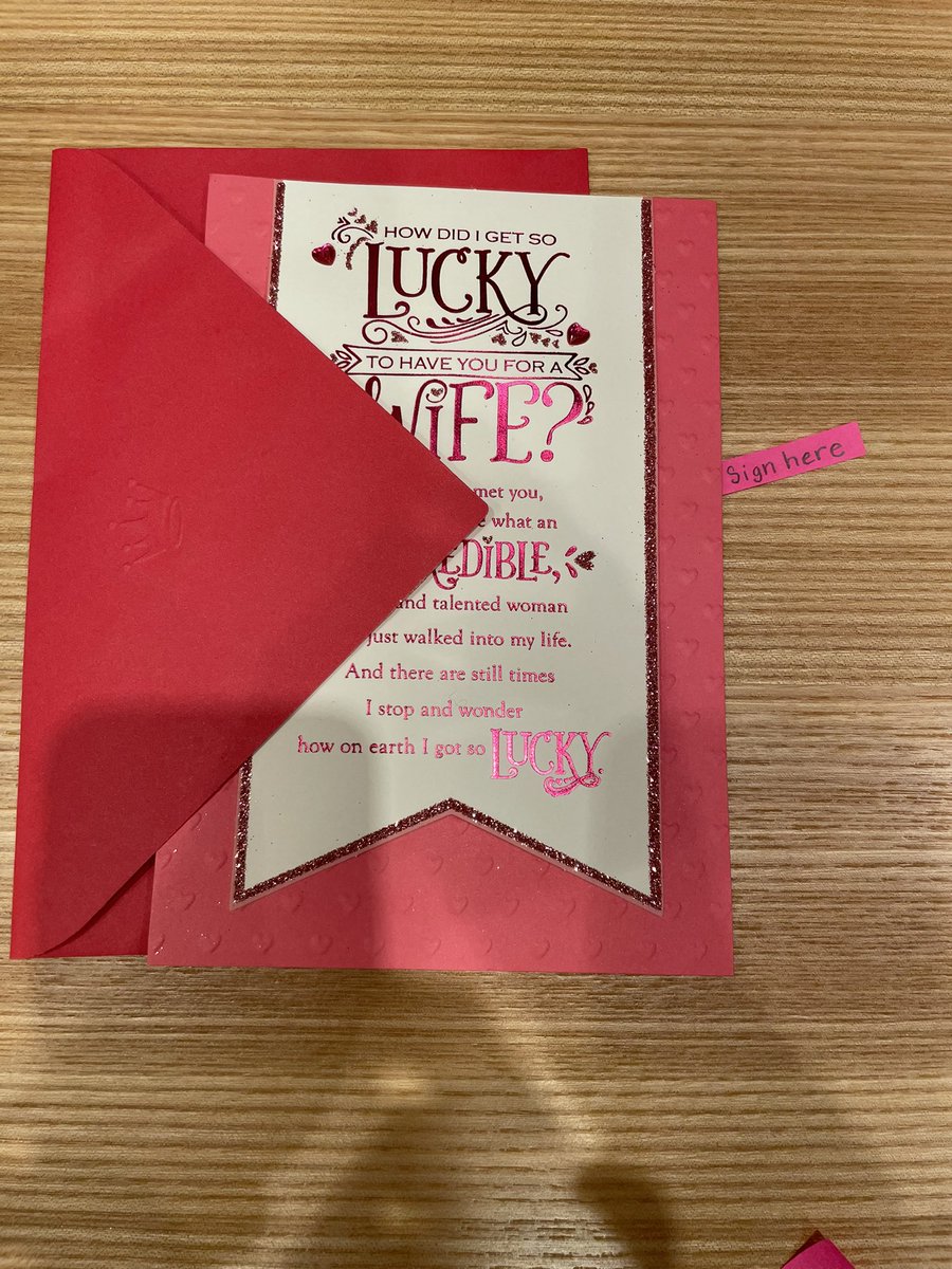 karenfinerman's tweet image. Here’s why I believe I am a candidate for best wife ever. I got my husband this card to give to me today (same thing I did last year). This year I made it even easier for him-note the sign here sticker. Happy Valentine’s Day!