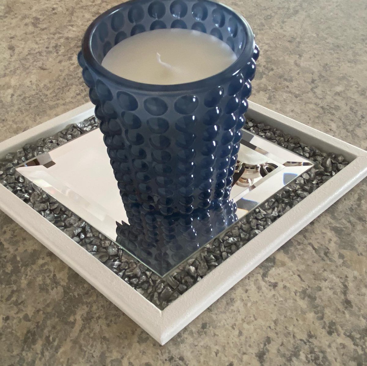 I think the silver glass gems really make this vanity tray shine.  It’s also perfect for candles too! #etsy #vanity #vanitytray #bathroomdecor #candles #tabledecor #makeuptray #glasstray