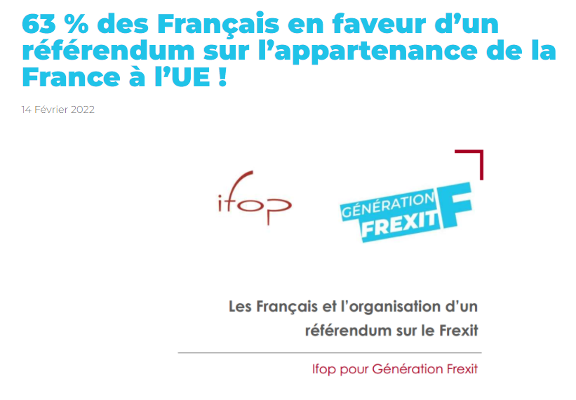 RLC_officiel's tweet photo. 🔴COMMUNIQUÉ DE PRESSE du 14 février 2022

Bonne nouvelle issue d'un sondage @IfopOpinion : 
63 % des Français 🇫🇷 sont en faveur d’un référendum sur l’appartenance de la France à l’UE ! 

TOUS LES DÉTAILS👇
https://t.co/J0JsQuriry 

➡️#ReprenonsLeContrôle 
#RéférendumUE #Frexit https://t.co/8bLYDC8nDQ