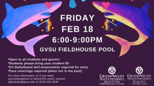4 days til we make a splash with <a href="/GVSURecWell/">GVSU Recreation & Wellness</a> 
Join the Milton E. Ford LGBT Resource Center and Campus Recreation and Wellness THIS FRIDAY for QueeraPOOLooza: a fun and friendly Queer and Trans Pool Party! Check out our Facebook event for more info: facebook.com/events/9239884…