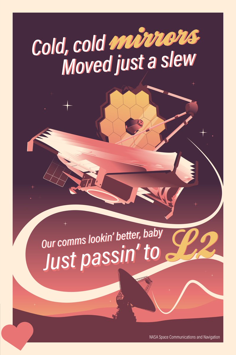A Valentine’s Day illustration of the James Webb Space Telescope in space. A radio wave connects Webb with a Deep Space Network antenna on Earth. The text reads: “Cold, cold mirrors/Moved just a slew/Our comms lookin’ better, baby/Just passin’ to L2”