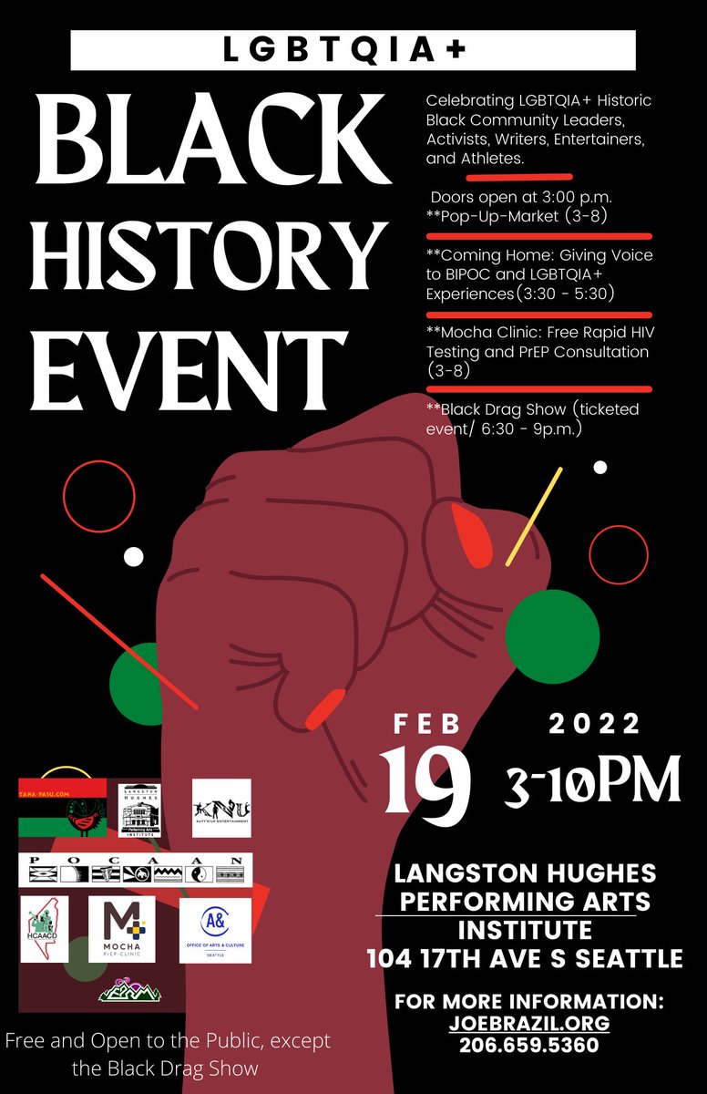 Hello Everyone, We are partnering with Langston Hughes to throw a BLK History Month event on 2/19. Doors open at 3pm with the pop-up market and POCAAN will providing free rapid HIV Testing and facilitating a discussion on BIPOC LGBTQIA+. Drag show to end the night.