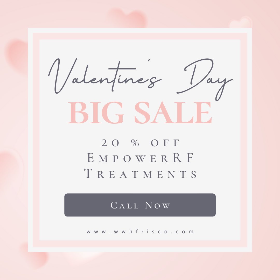 wwhfrisco's tweet photo. Happy Valentine's Day!
Treat yourself this Valentine's Day by taking the step to empower your wellness! Get 20% off all EmpowerRF treatments during the entire month of February!

Call us today at 469-476-5623 to set up a consultation! 

#WomensHealth #obgyn #ValentinesDay2022 https://t.co/oHO2XnOcO4