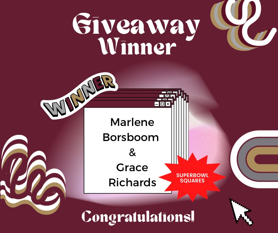 Congrats to our Super Bowl square Winners 🎉 

Marlene Borsboom &amp; Grace Richards 

Message us to claim your cash prizes 💰 👀