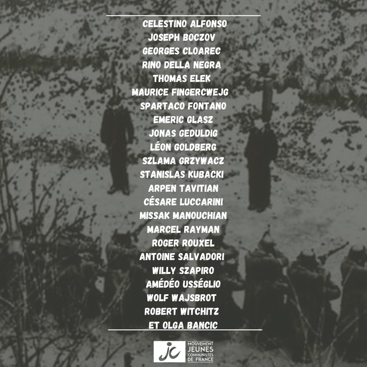 _MJCF's tweet photo. 🔴Commémoration🔴
Le 21 février 1944, le groupe Manouchian est assassiné.
Ces hommes et ces femmes donnèrent leurs vies pour la liberté.
#manouchian #2ndww #liberté #resistance https://t.co/5NwE8qUrfu