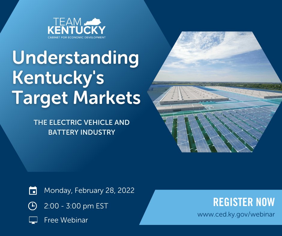CEDkygov's tweet photo. The electric vehicle industry is charging ahead in Kentucky, and it's time for you to get plugged in! 

Join us for a free webinar "Understanding Kentucky's Target Markets: The #EV and Battery Industry" on February 28 at 2 p.m. EST. 

Register Here: https://t.co/qT6GoO6V7W https://t.co/GdMi7JrtmF
