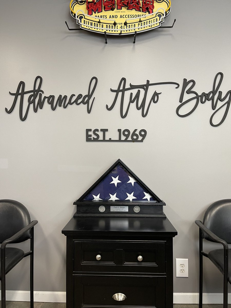 deyauger's tweet photo. I cannot explain how tough the last few weeks have been been for my family.  
     My dad was a veteran and earned expert marksman medals while in the US Army. He was given a military burial and Mom bestowed dads military burial flag to the shop. @DaleYauger @TheRealDawsonY https://t.co/Jx7E2d5TYc