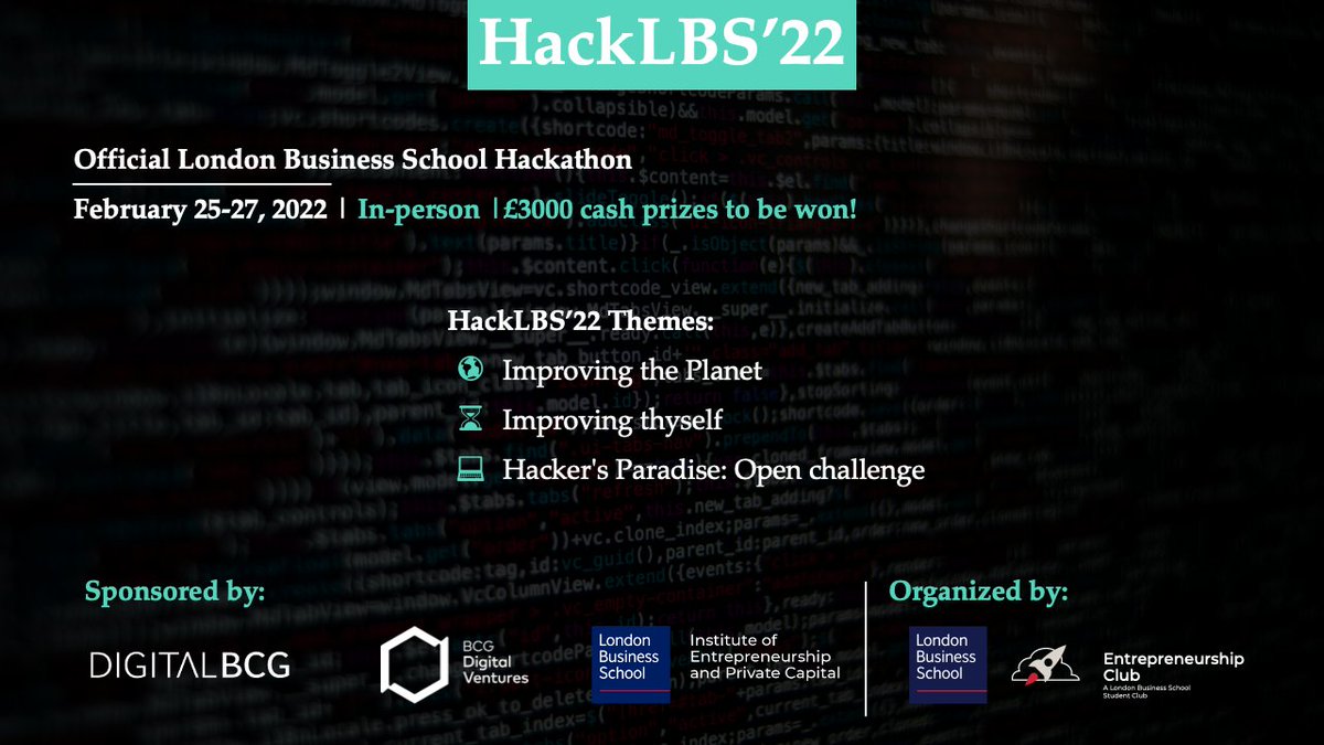 bcgx_'s tweet image. Calling all aspiring entrepreneurs, innovators, problem solvers and tech enthusiasts, registration for @LBS&apos; #HackLBS 2022 is now open 🚀!

Proudly sponsored by #BCGDVLondon, find all the details about this year&apos;s Hack here: bit.ly/34xIRt3
