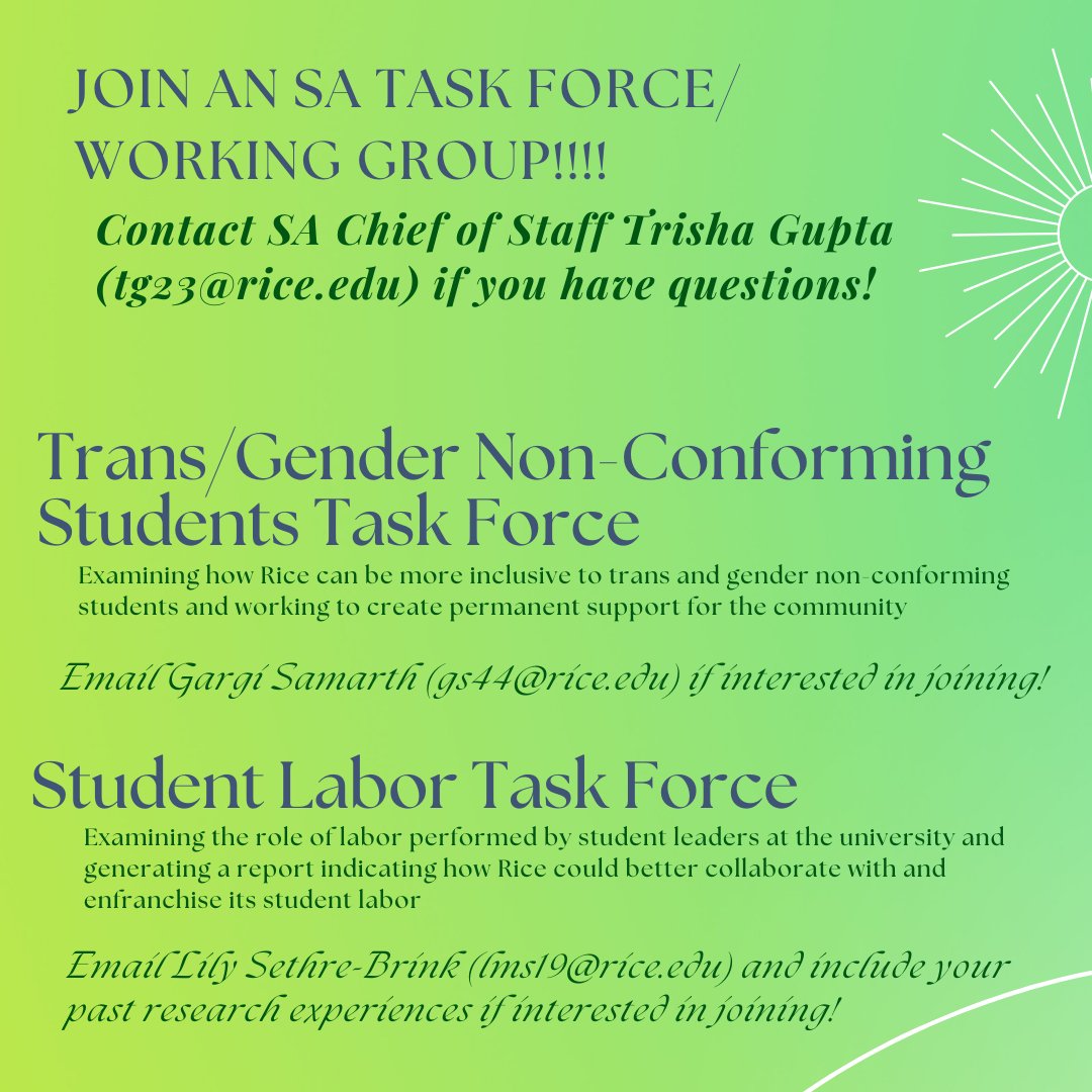 TheRiceStudents's tweet photo. If either initiative interests you, email Gargi Samarth (gs44@rice.edu) to join the Trans/GNC task force and email Lily Sethre-Brink (lms19@rice.edu) to join the Student Labor task force (and include previous research experience)! https://t.co/AwTho0pfk9