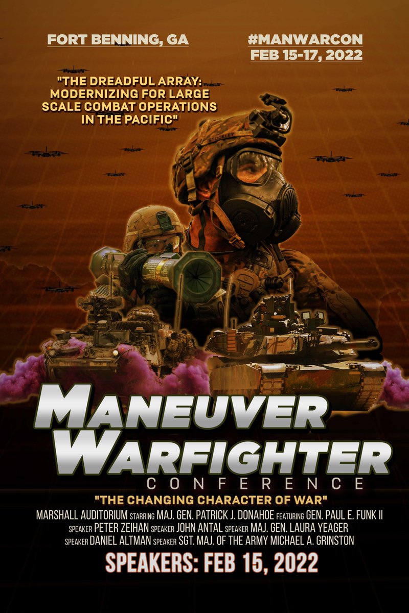 MCoEFortBenning's tweet photo. Change is coming. Find out more about the way forward in the evolution of the character of war tomorrow during the first day of the Maneuver Warfighter Conference: https://t.co/AS27MWT41p

#MANWARCON @USArmy @TRADOC @PatDonahoeArmy @FORSCOM @usacac @DerrickGarner20 @usarec https://t.co/SOddMaWYZy