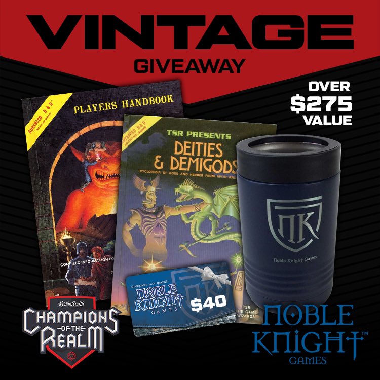 realmsmithtv's tweet photo. ๐ EPIC VINTAGE GIVEAWAY!!! ๐
Tune in for Wednesdayโs CHAMPIONSHIP FINAL @8pm ET for a chance to win a Vintage Giveaway Package from @nobleknightgames
https://t.co/vJwylSlwGg
#dnd #dnd5e #dungeonsanddragons #dandd #ttrpg #realmsmith #idlechampions #championsoftherealm https://t.co/CsYUTRbb0L