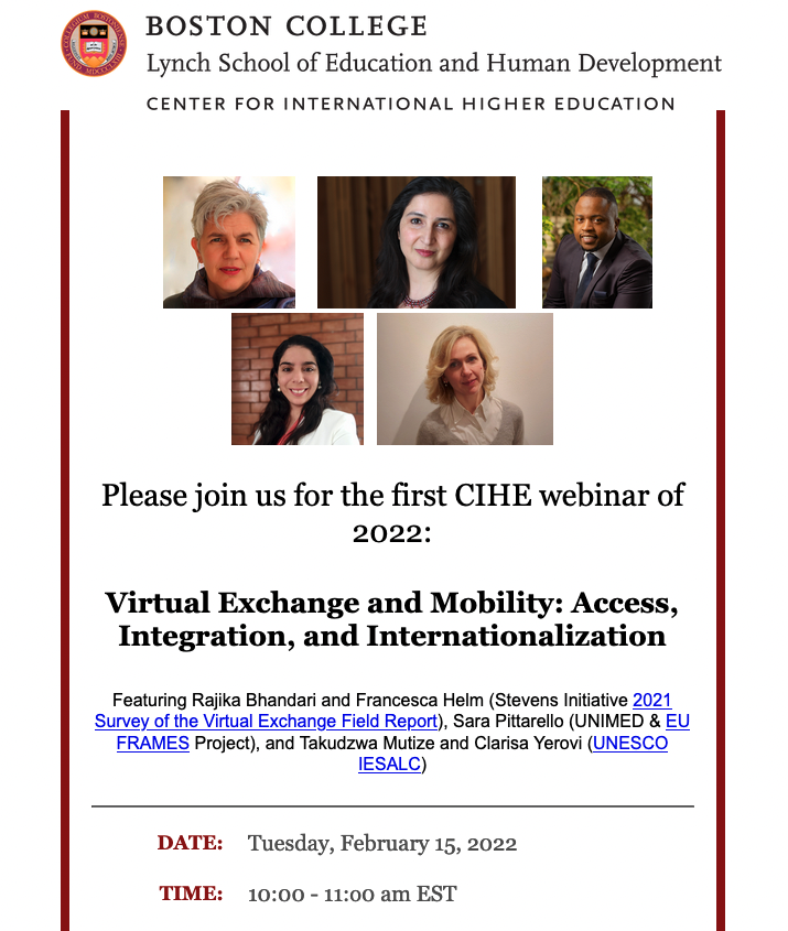 unesco_iesalc's tweet photo. Please join us for the @BC_CIHE webinar "Virtual Exchange and Mobility: Access, Integration, and Internationalization" | February 15 @ 10:00h EST | Register here 👉 https://t.co/5BWUh0kCBH https://t.co/mSJ91ALXEE