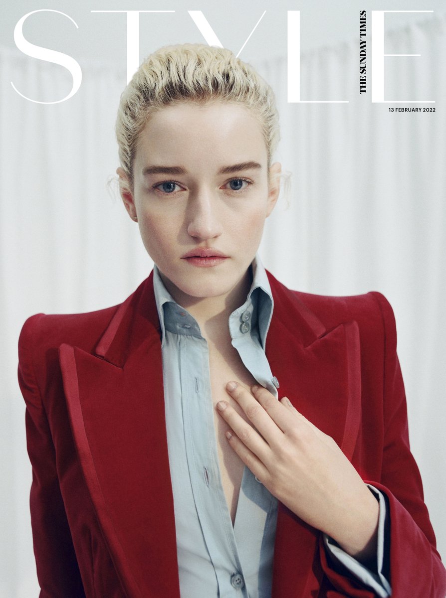 On the cover of @TheSTStyle, #JuliaGarner wears a red velvet suit and shirt from #GucciAria by #AlessandroMichele.