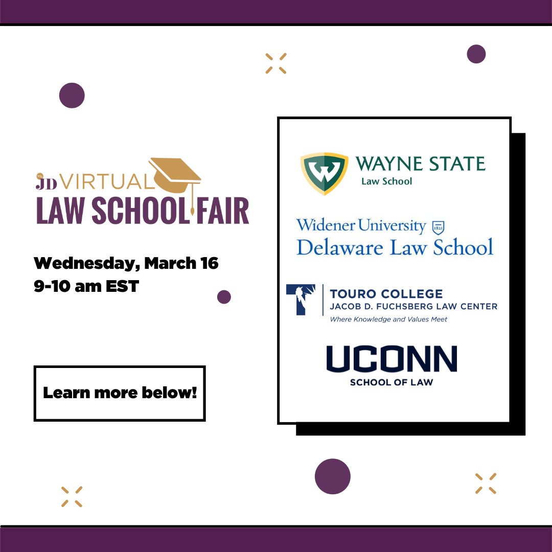 Attend Ms. JD's Virtual Law School Fair on Wednesday, March 16th from 9am- 8pm EST, for a free opportunity to meet with representatives from 15+ law schools. RSVP now bit.ly/msjd-2022 Check out the schools involved at 9a ET! #lawtwitter #prelaw #lawschool #lawstudent