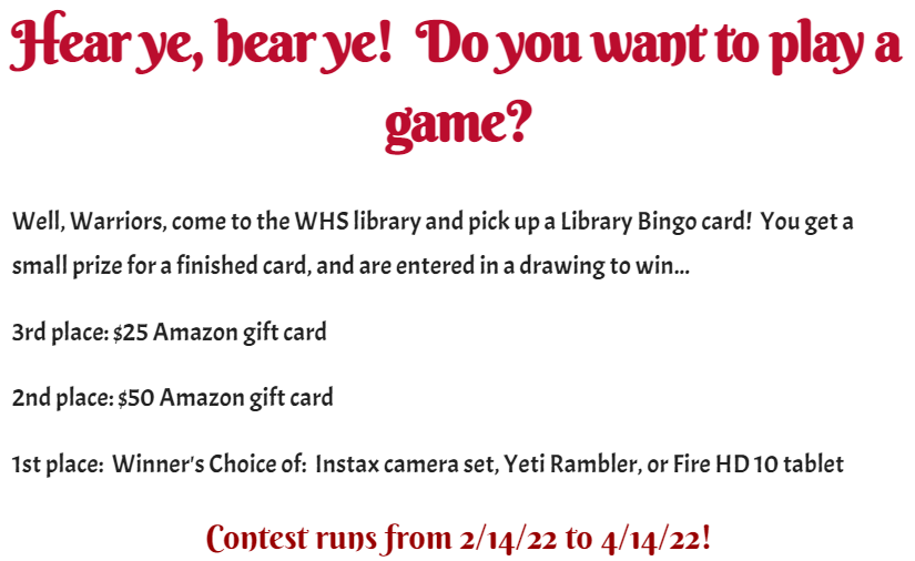 WHSLibrary6's tweet photo. And bingo is our game-o! #library #highschool #WHSLibrary #books https://t.co/MBcJdfDBYy