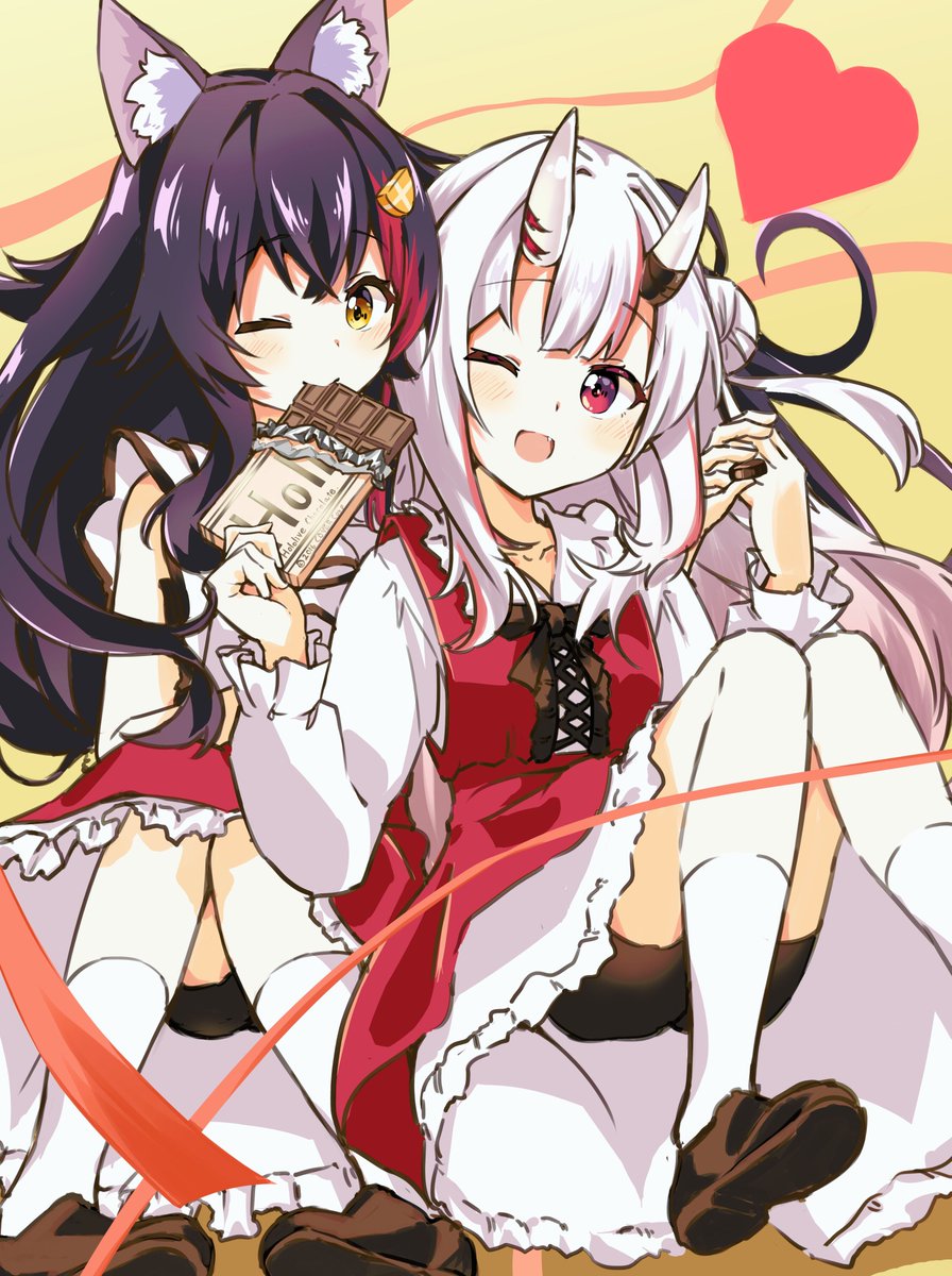 nakiri ayame ,ookami mio multiple girls 2girls one eye closed oni horns animal ears chocolate horns  illustration images