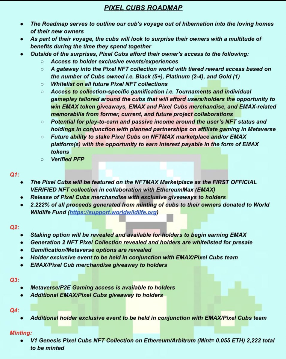 ApeishGreg's tweet image. S/O to the entire #emaxarmy, take a look at this roadmap and if you haven’t yet, come join the #pixelcubs discord. Cub holders will have access to giveaways and benefits throughout the #Emax ecosystem! You definitely don’t want to miss this launch 🐻🔥 
discord.gg/pySwAjGQs7