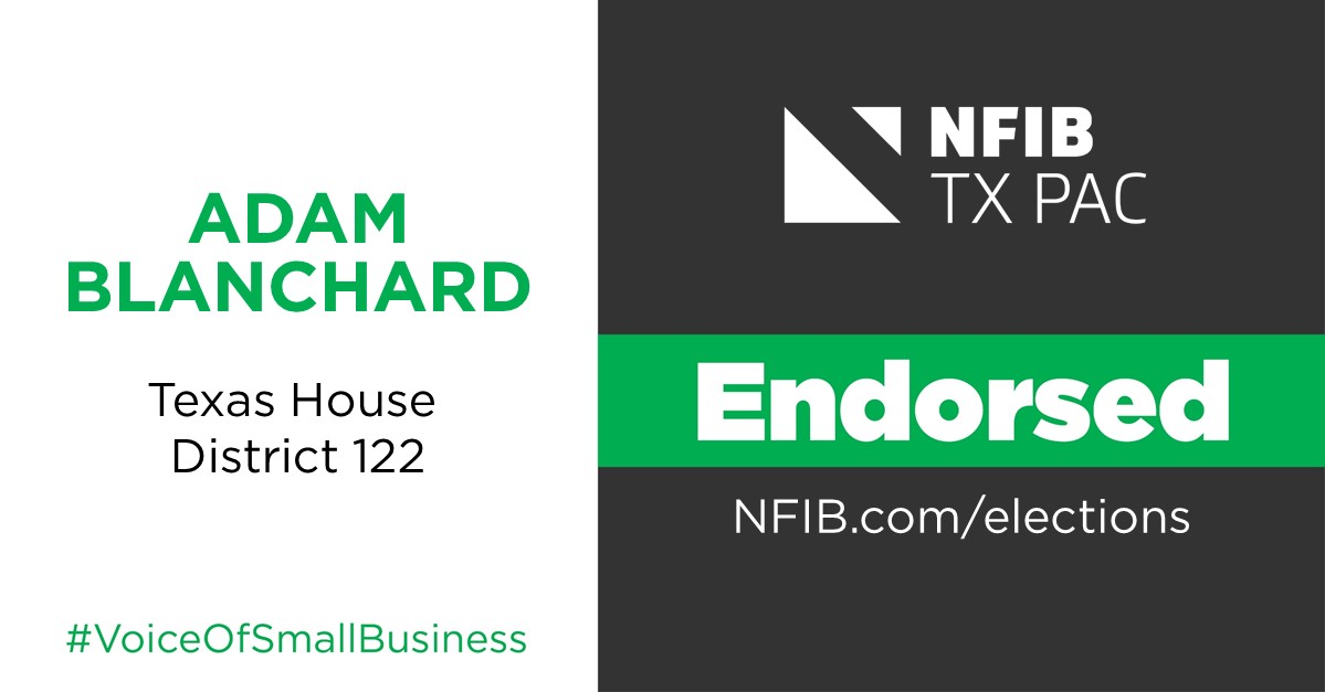 AdamforTx's tweet photo. Thank you! RT @nfib_tx: NFIB TX PAC is proud to endorse @AdamforTx for HD 122 #VoiceofSmallBusiness #txlege https://t.co/lRv944pc7N