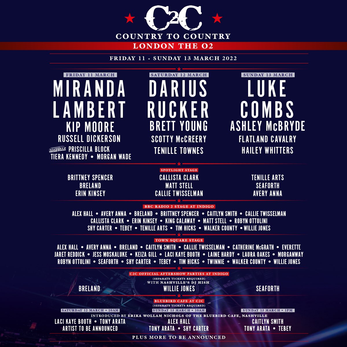 The lineup for the Aftershow Parties at @C2Cfestival is here! Excited to have my boys @breland @WillieJones & @weareseaforth joining me at @indigoatTheO2. 🇺🇸🤠🇬🇧