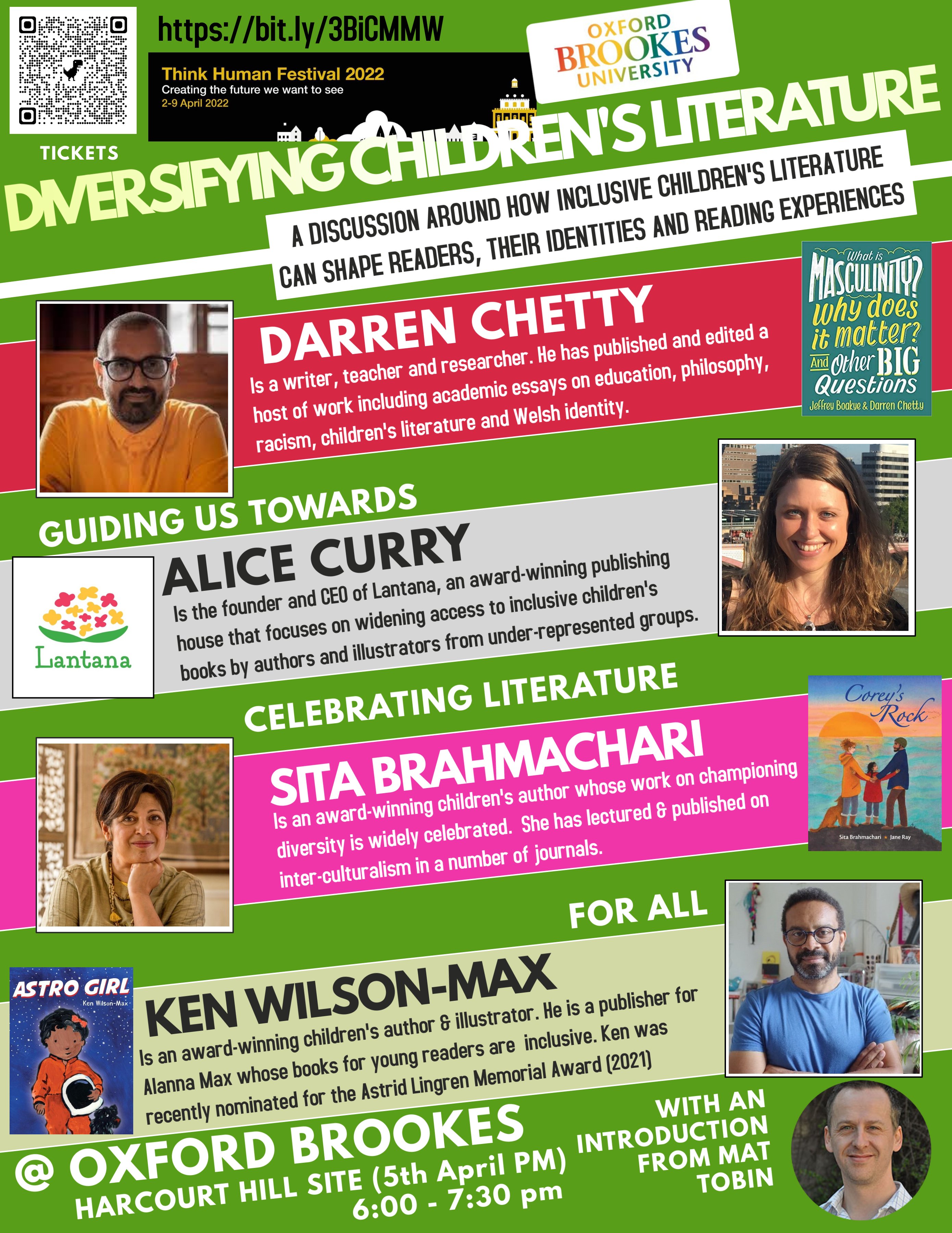 Poster image for Diversifying Children's Literature. Speakers: Darren Chetty, Alice Curry, Sita Brahmachari, Ken Wilson-Max in conversation with Mat Tobin from Oxford Brookes University