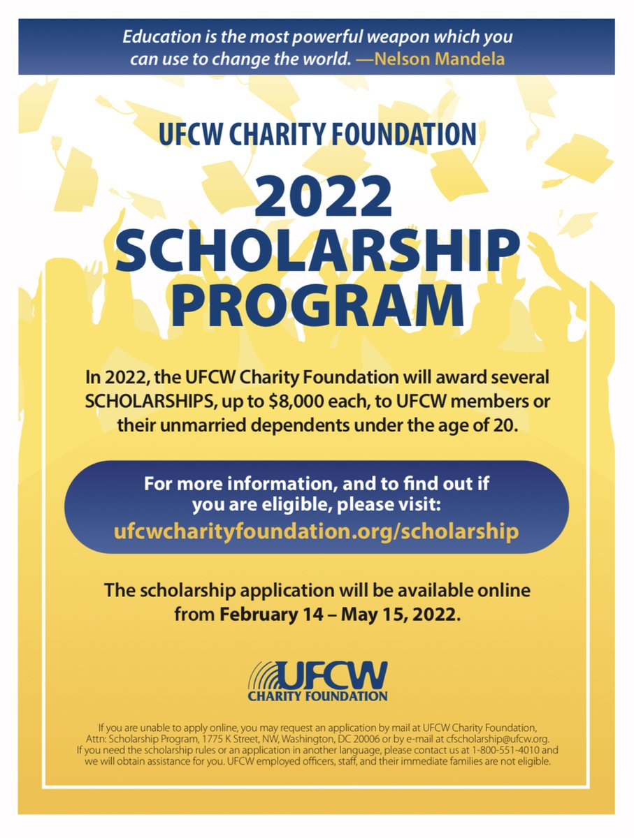 Eligible members can now apply for the 2022 UFCW Charity Foundation Scholarship!  For information on eligibility and to fill out an application, visit: ufcwcharityfoundation.org/scholarship/