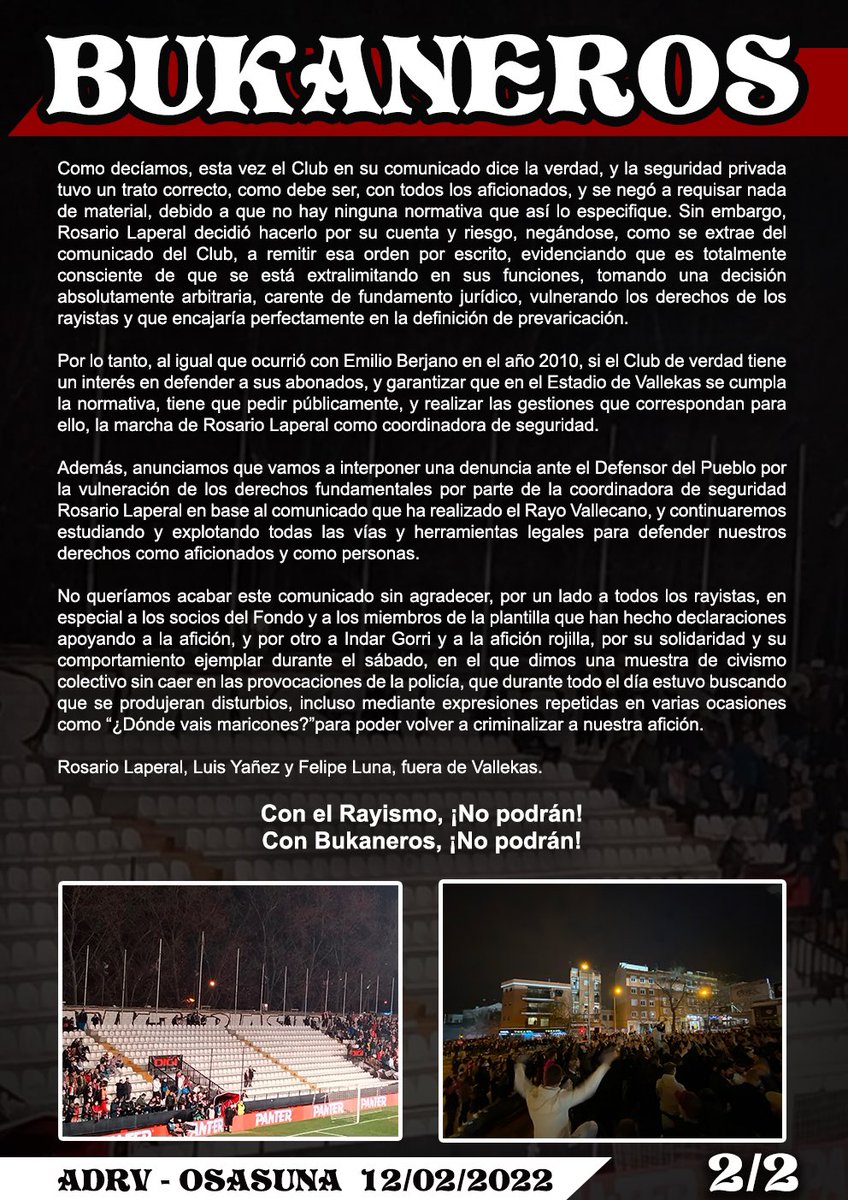 bukaneros92's tweet photo. Somos aficionados, no criminales.

Somos rayistas, no delincuentes.

Ni Rosario Laperal, ni Luis Yáñez, ni Felipe Luna, ni tampoco Martín Presa podrán jamás con el Rayismo.

CON BUKANEROS, ¡NO PODRÁN! https://t.co/X9BXFFHyqs