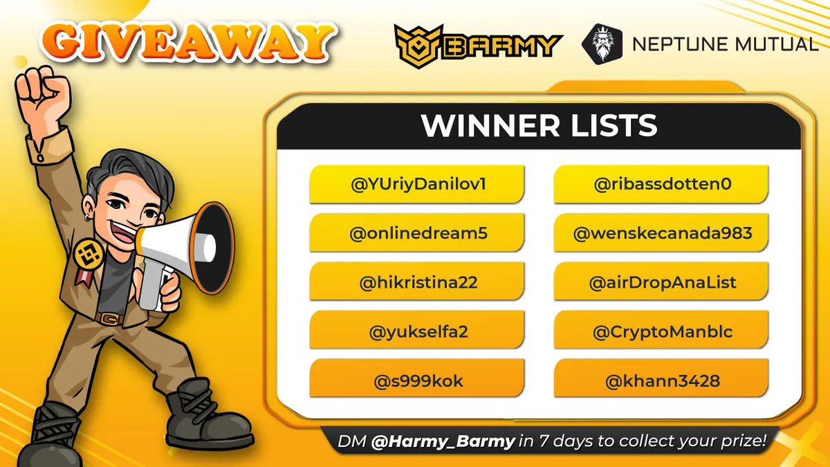 BARMYGROUP's tweet photo. #Barmy x @neptunemutual Giveaway results 🎁

👉 Top 10 most entries won:
1. @YUriyDanilov1
2. @onlinedream5
3. @hikristina22
4. @yukselfa2
5. @s999kok
6. @ribassdotten0
7. @wenskecanada983
8. @airDropAnaList
9. @CryptoManblc
10. @khann3428

📅 Distribution date: in 7 days https://t.co/ELy56DKkWF