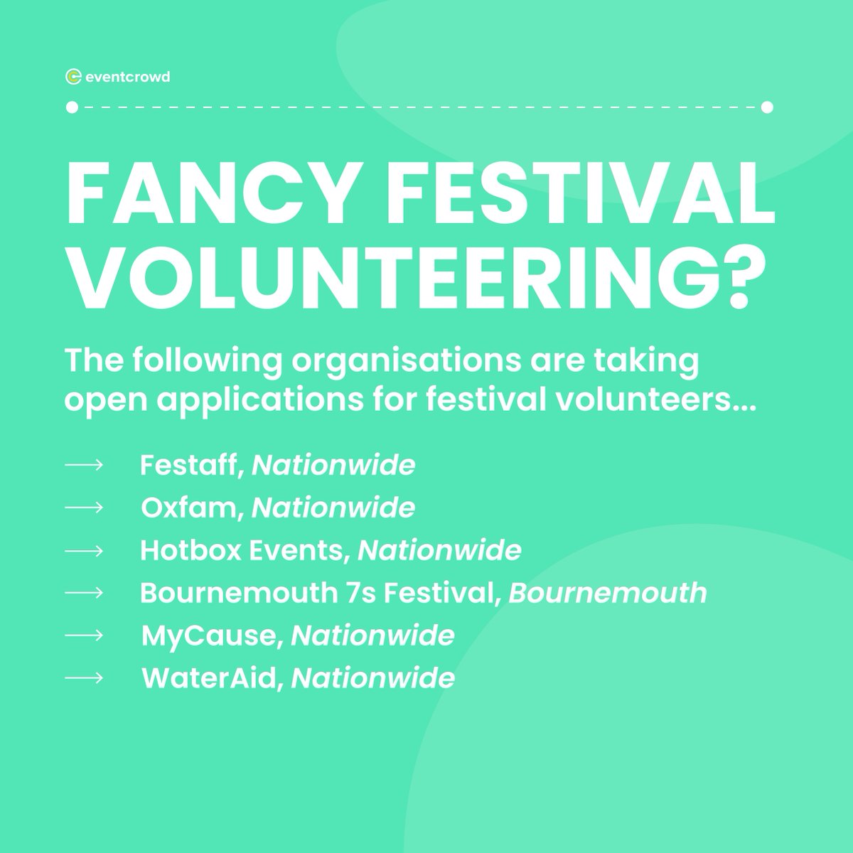 🎪 With Festival season right around the corner we’re highlighting some excellent volunteering opportunities…

💰 Looking for paid work?

We have an exclusive jobs board available to all of our students, enrol now for access

👉 theeventcrowd.com

#eventprofs #eventsjobs