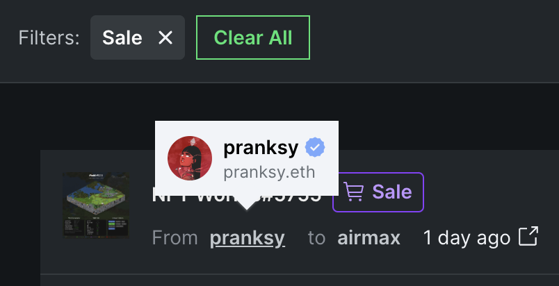 Gm,

If you own an <a href="/ensdomains/">ens.eth</a>, it's now your default profile name unless you've set a custom one.

Your ENS and profile name are now shown on all activity feeds.

You can also hover to show more details, including verification and NFT profile pic.

👀💎looksrare.org