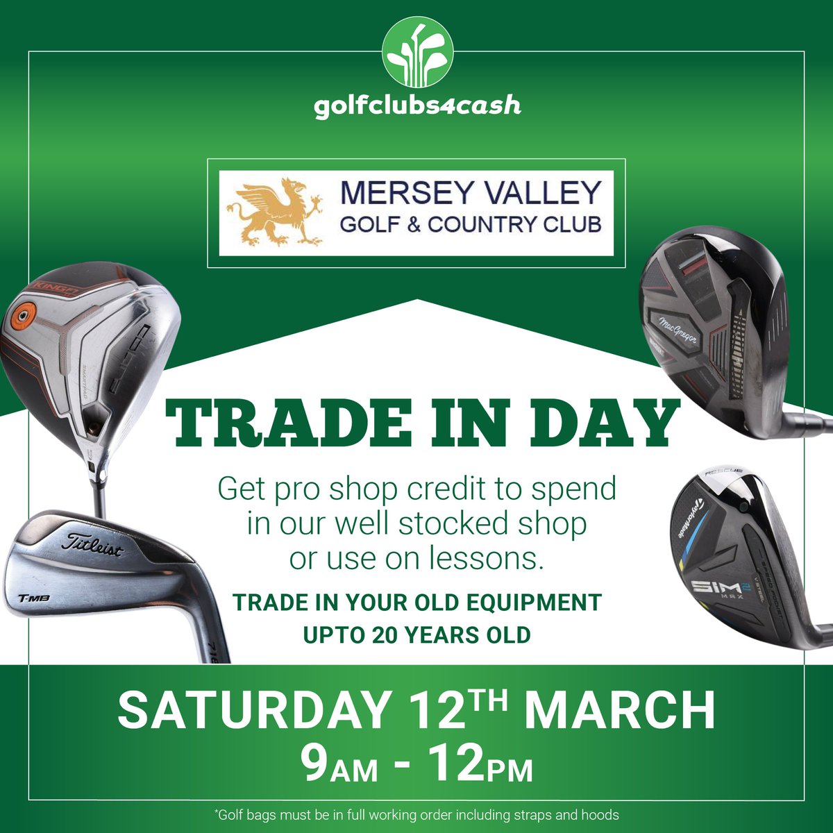 MerseyValleyGCC's tweet photo. Unused golf clubs gathering dust?
Trade them in for Credit in Store!
Can’t make it on the day? Simply drop off anything you would like to trade in before the day. https://t.co/BIvIIVM0IB