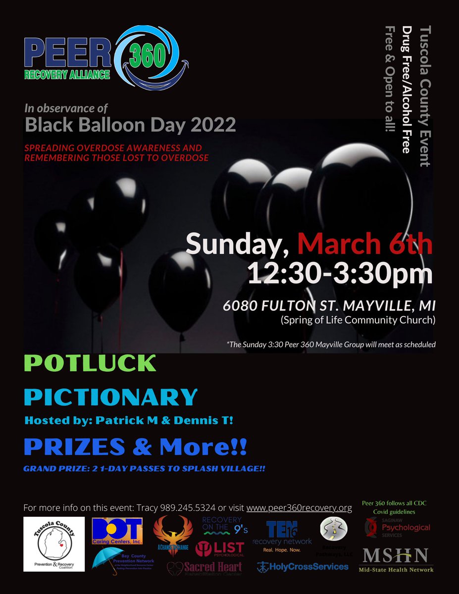 ThumbConsortium's tweet photo. Join us in observance of Black Balloon Day 2022!! 
Sunday, March 6th! 12:30-3:30pm
6080 Fulton St. Mayville, MI
The event is FREE and open to ALL!
#Peer360 https://t.co/W4FvOe5Sx1